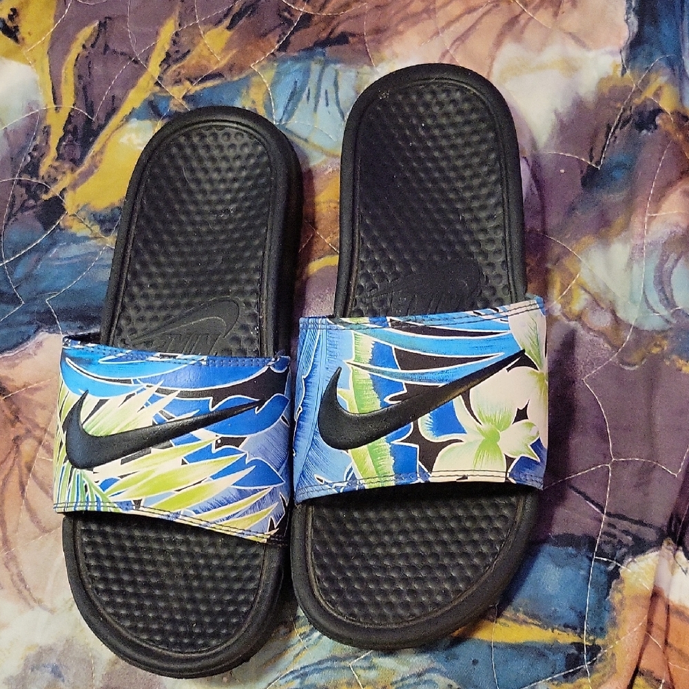 Nike Black Slides with Blue & Green Tropical Strap